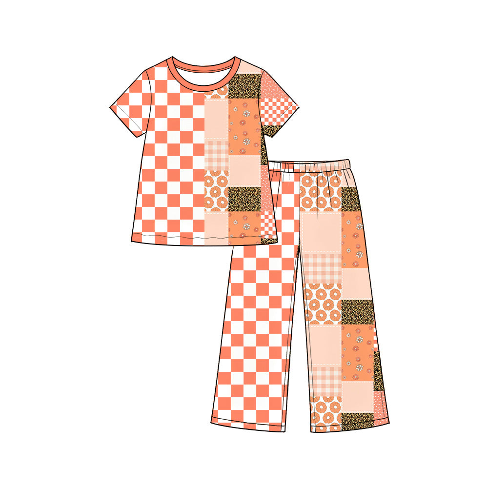 Preorder (moq 5) Baby Girl Clothes Orange Check Floral Leopard Patchwork Mixed Print Short Sleeve Flare Pant Set