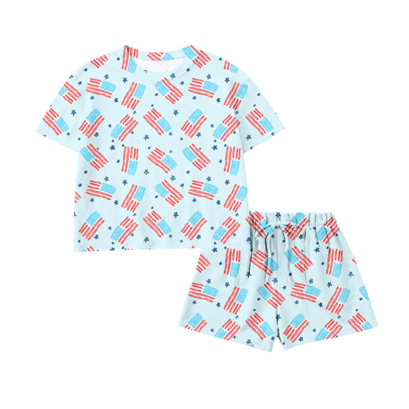 Preorder moq 5 Baby Girls Flags Stars Top Short 4th of July Clothes Set