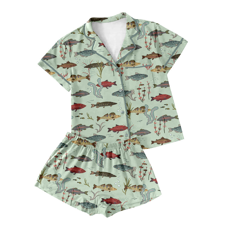 Preorder(moq 5)Adult Women Green Fishes Buttons Pocket Tee Shirts Shorts Pajamas Sets