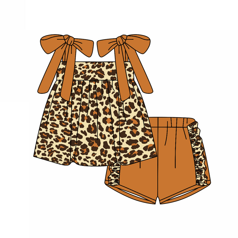 Preorder (moq 5)Baby Girls Khaki Bows Strap Leopard Tunic Ruffle Shorts Clothes Sets
