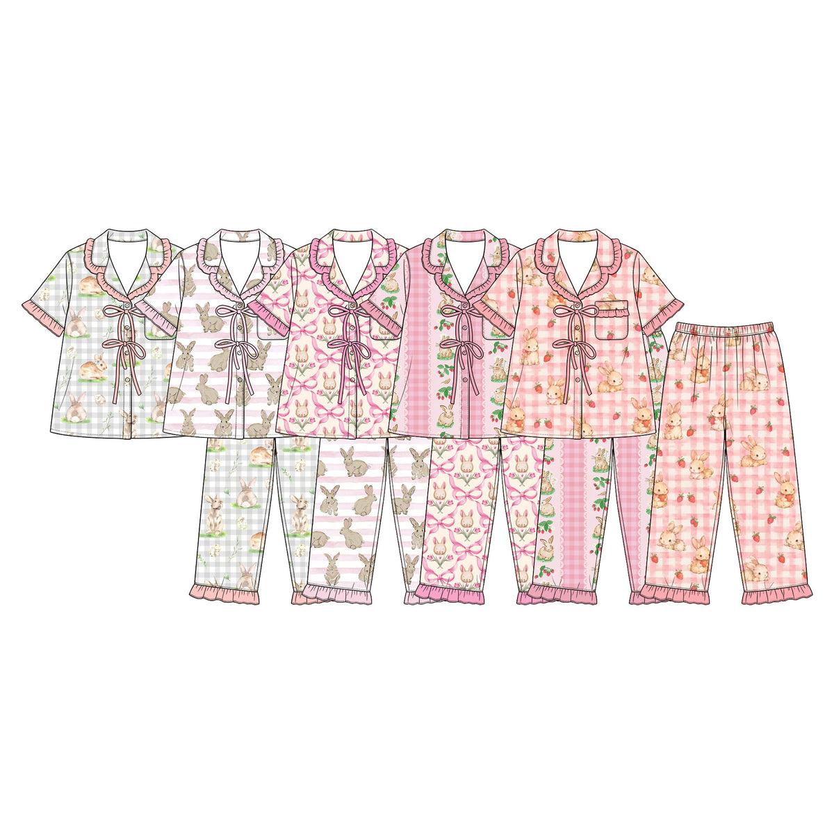 Preorder (moq 5) Baby Girl Clothes Easter Bunny Egg Gingham Mixed Print Short Sleeve Ruffle Pajama Set