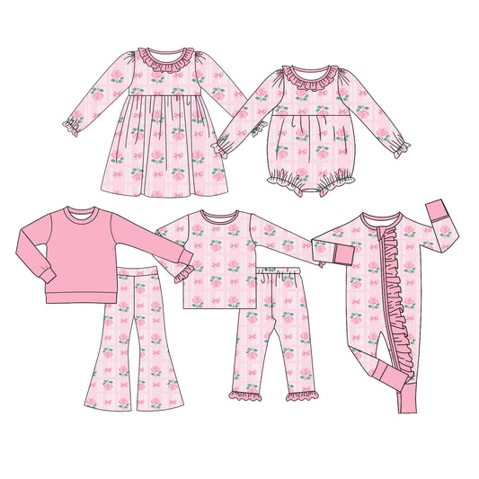 Preorder (moq 5) Baby Girl Clothes Rose Bow Plaid Print Long Sleeve Ruffle Neck Dress