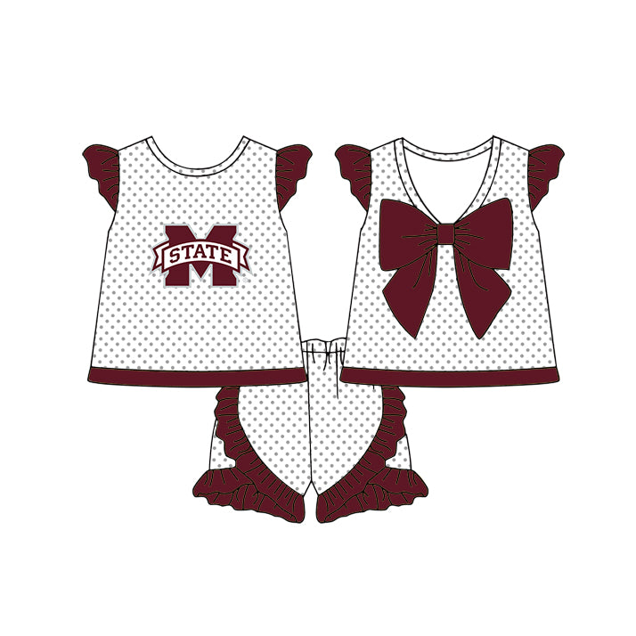 Preorder (moq 5)Baby Girls M State Mississippi Polka Dots Back Bow Tunic Ruffle Shorts Team Clothes Sets