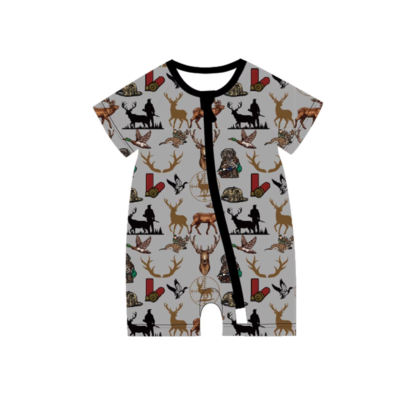 Preorder moq 5 Baby Boys Gray Short Sleeves Deer Ducks Hunting Zipper Rompers