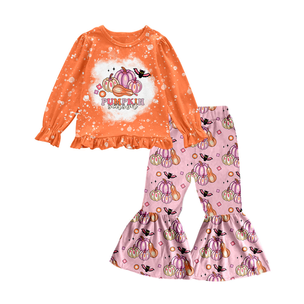 Baby Girls Orange Pumpkin Season Shirt Bell Pants Outfits Sets Preorder(moq 5)