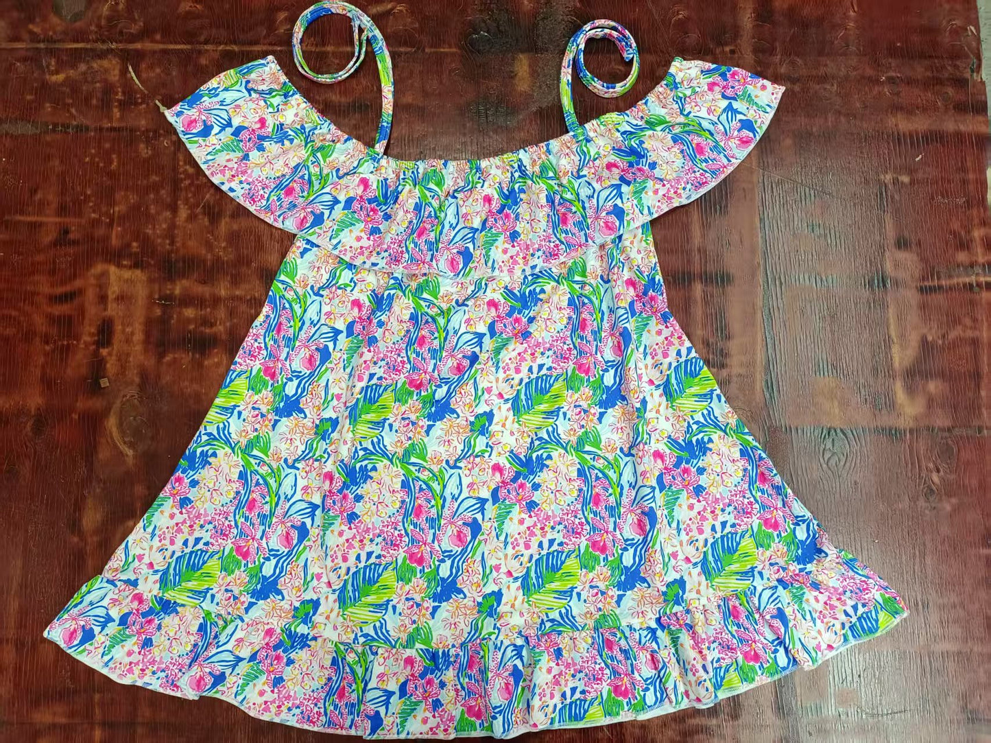 Preorder moq 5 Adult Women Strap Watercolor Floral Ruffle Straight Shoulder Shirts Top