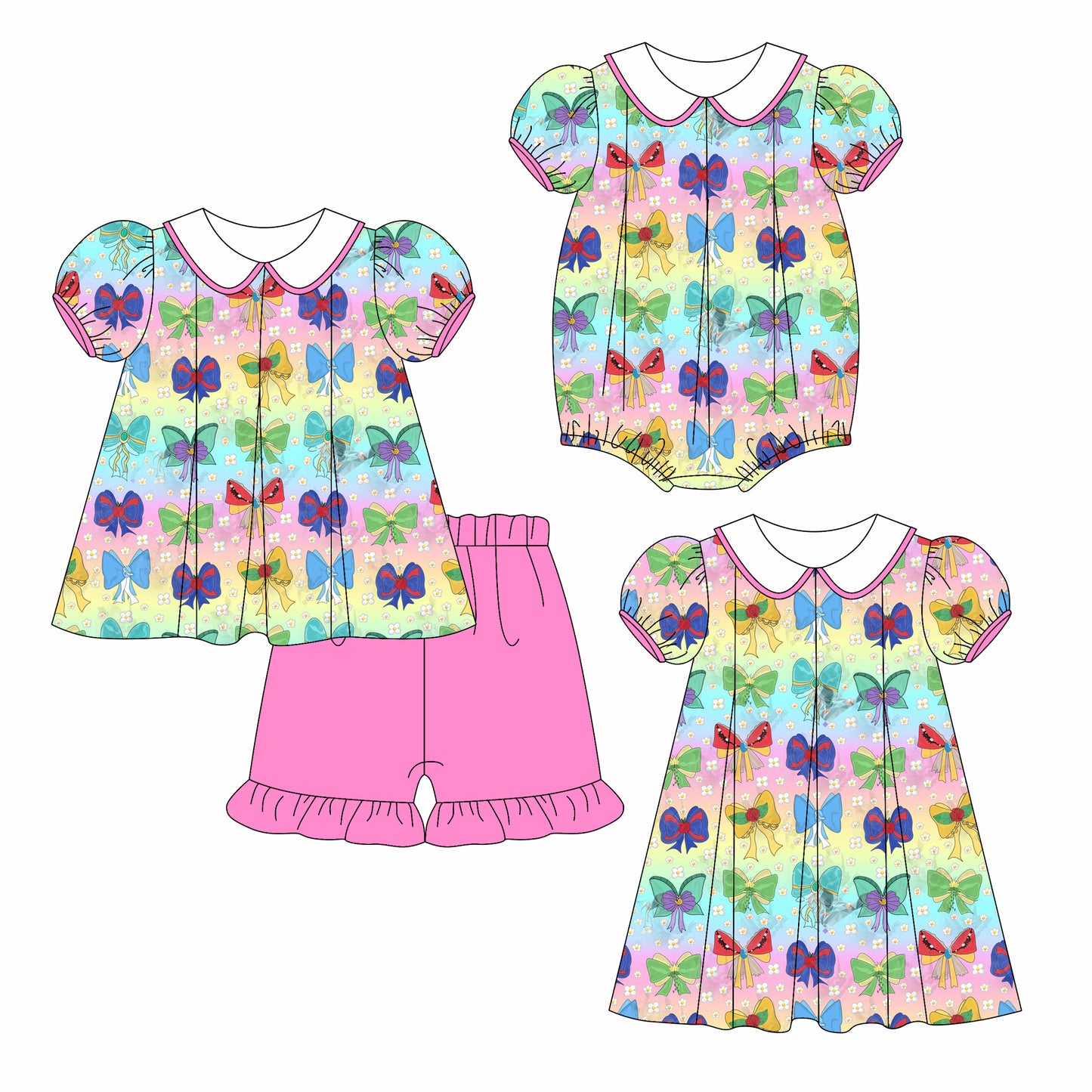 Preorder moq 5 Custom Baby Girls Colorful Short Ruffle Sleeves Bows Tunic Ruffle Short Set Knee Length Dress And Rompers