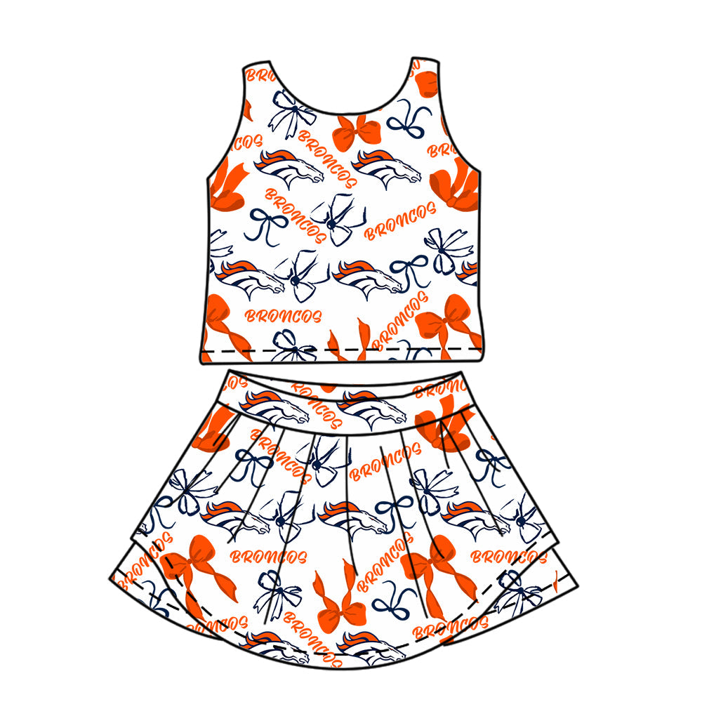 Preorder (moq 5)Baby Girls Sleeveless Orange Broncos Bows Vest Top Skort Team Sets