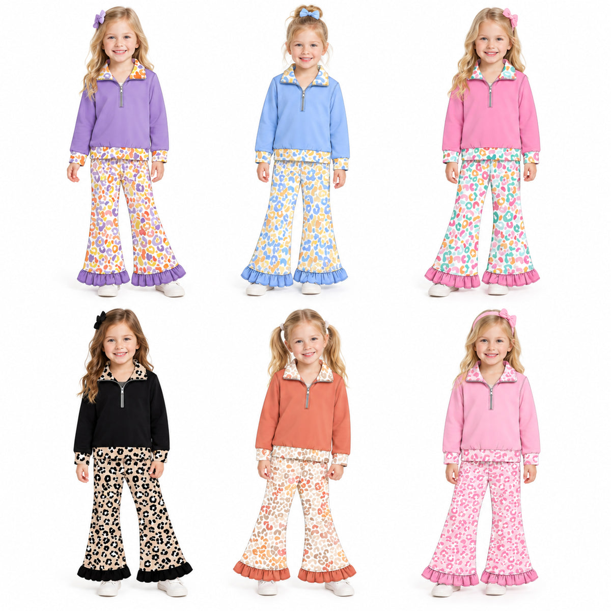 Preorder (moq 5) Baby Girl Clothes Boho Warm Tone Leopard Print Long Sleeve Half Zip Top Ruffle Flare Pant Set