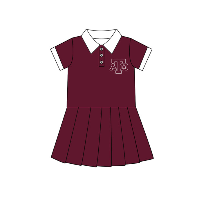 Preorder (moq 5)Baby Girls Dark Red Short Sleeves Button ATM Team Shorts Knee Length Dresses