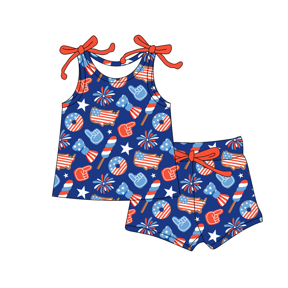 Preorder (moq 5)Baby Girls Blue Red Stars Fireworks Top Shorts 4th of July Clothes Sets