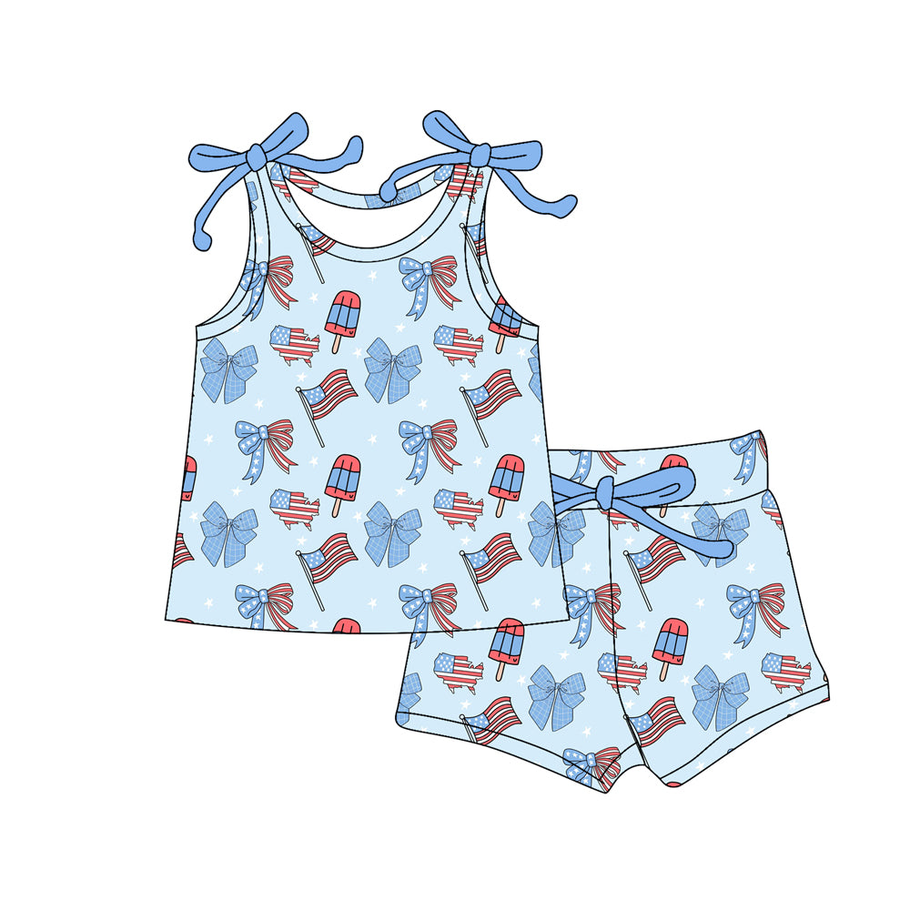 Preorder (moq 5)Baby Girls Blue Flags Popsicle Top Shorts 4th of July Clothes Sets
