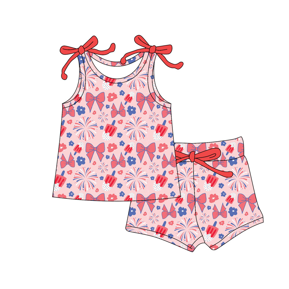Preorder (moq 5)Baby Girls Pink Flowers Popsicle Top Shorts 4th of July Clothes Sets
