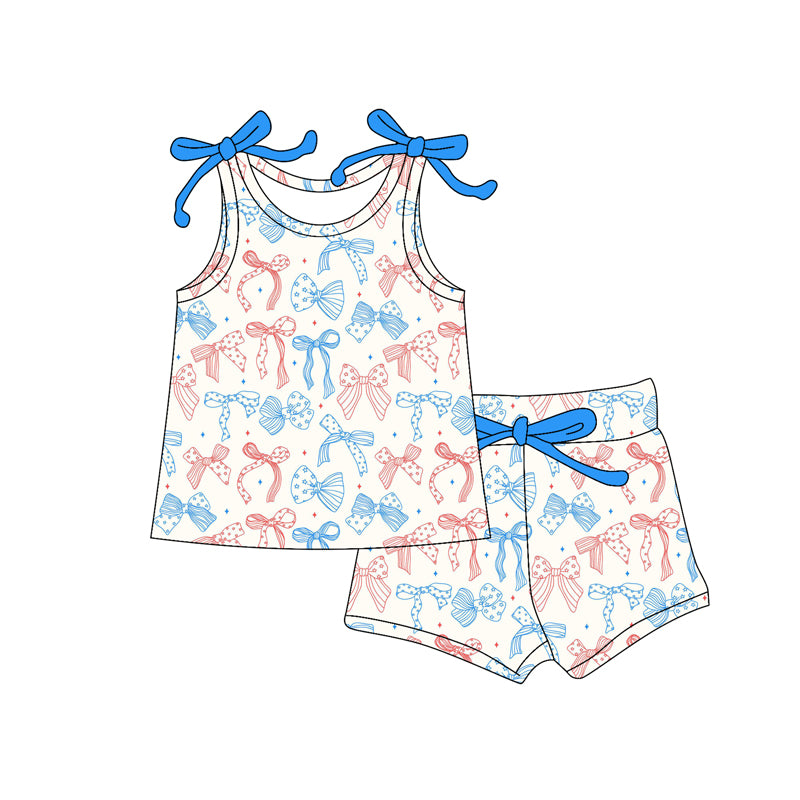 Preorder (moq 5)Baby Girls Red Blue Stars Bows Top Shorts 4th of July Clothes Sets