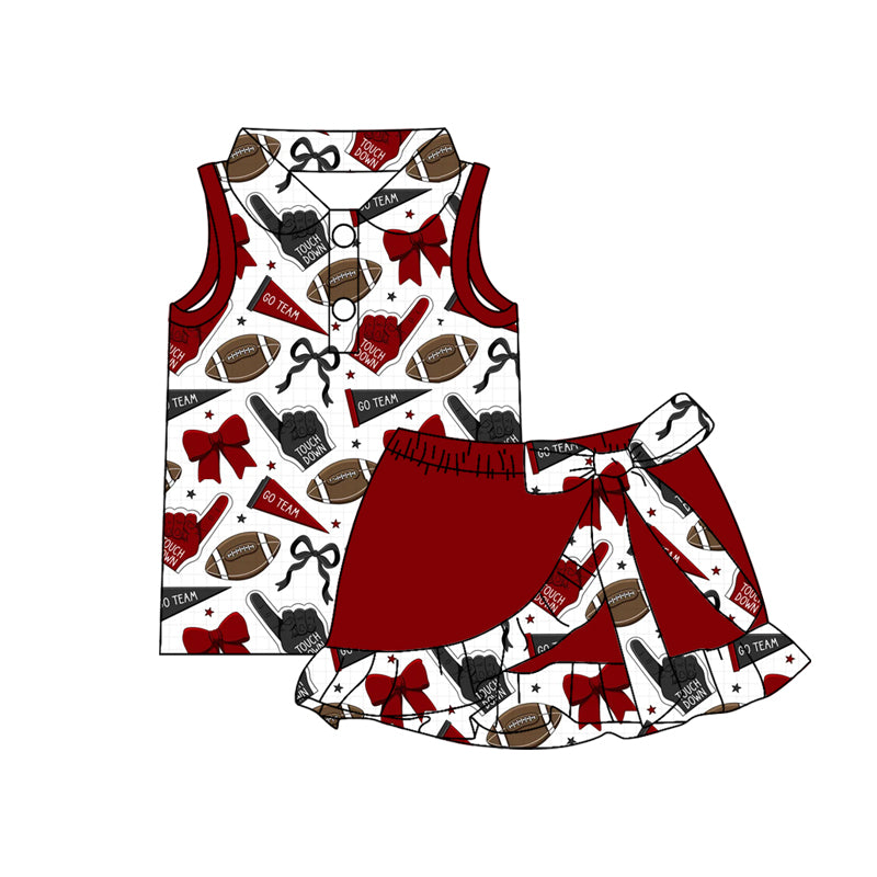Preorder (moq 5)Baby Girls Footballs Go Team Button Top Ruffle Skirt Shorts Clothes Sets