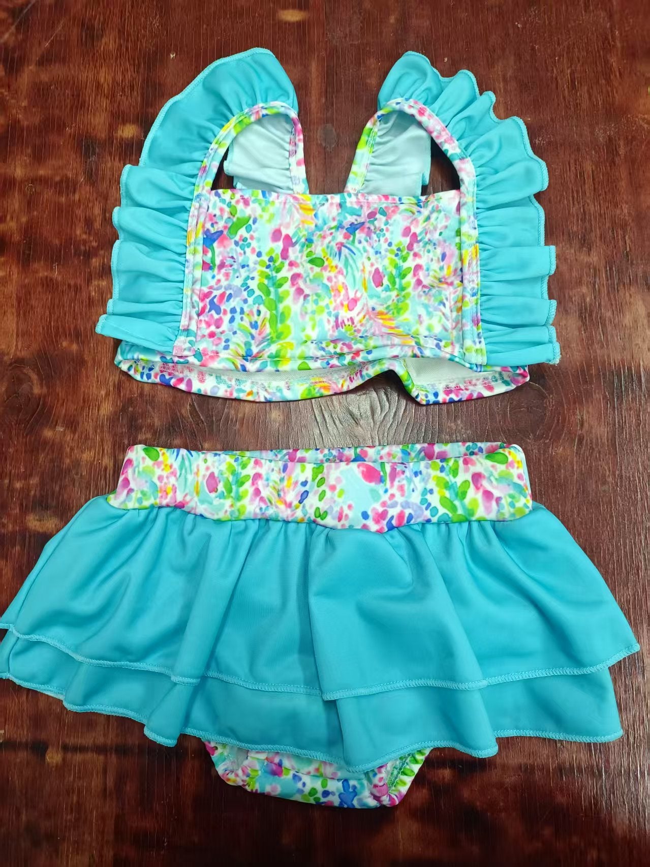 Preorder moq 5 Baby Girls Blue Strap Watercolor Floral 2 Piece Swimsuits