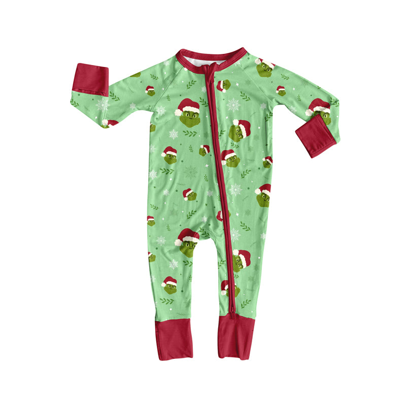 Preorder(moq 5)Baby Infant Christmas Green Face Zipper Footie Rompers