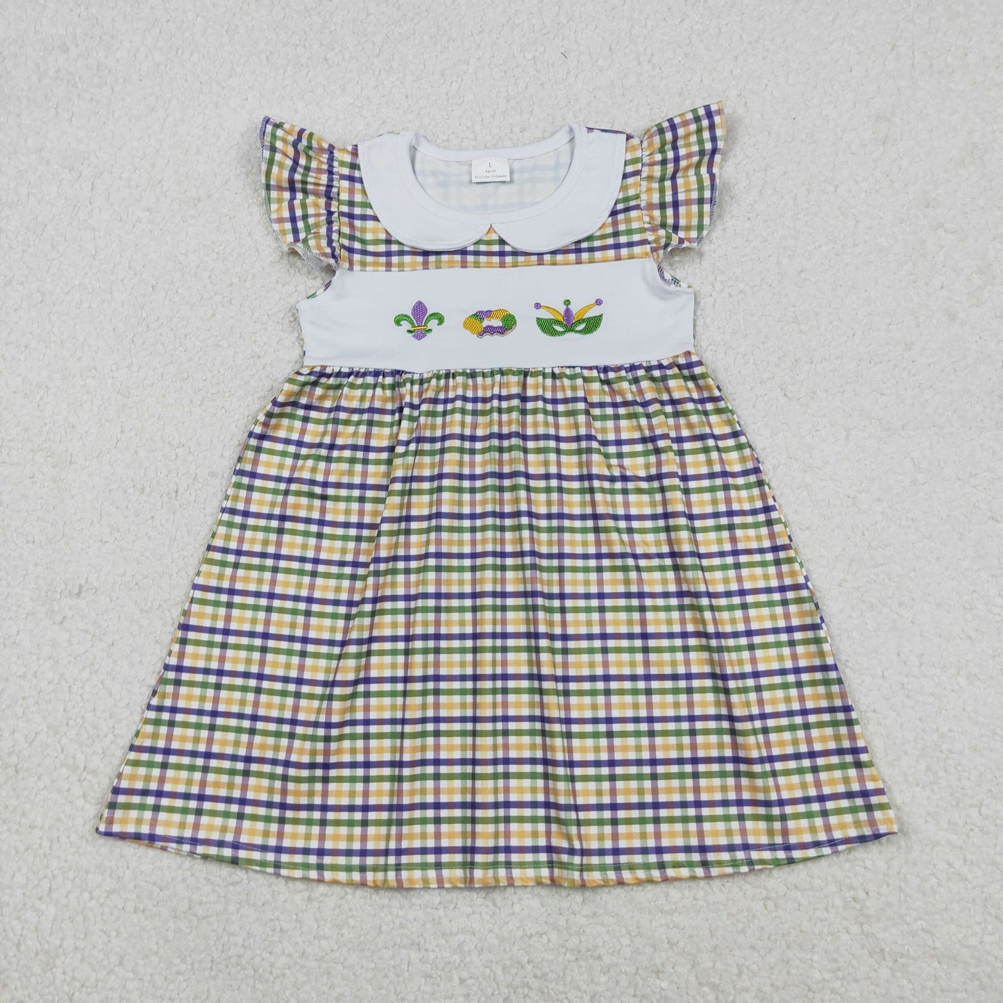 Embroidery Anchors Donuts Baby Girls Mardigras Checked Collar Knee Length Dresses