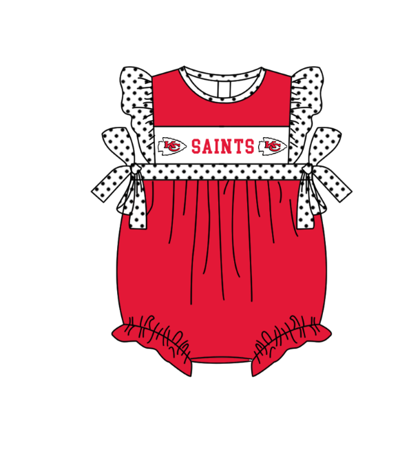 Preorder (moq 5)Baby Girls Polka Dots Flutter Sleeve Saints Team Ruffle Rompers
