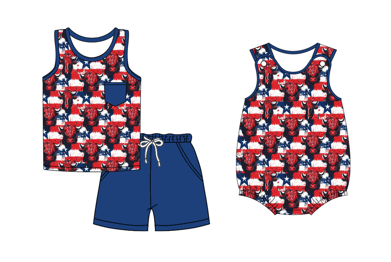 Preorder moq 5 Custom Baby Boys Highland Cows Stars Top Pockets Short 4th Of July Set Rompers