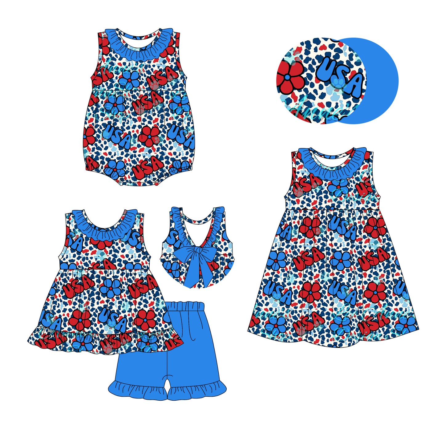 Preorder moq 5 Custom Baby Girls Sleeveless Leopard Blue Red Flowers Tunic Ruffle Short 4th Of July Set Knee Length Dress And Rompers