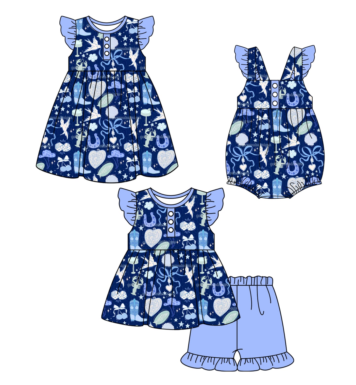 Preorder moq 5 Custom Baby Girls Blue Flutter Sleeves Button Bows Crayfishes Tunic Ruffle Short Set Knee Length Dress Ruffle Rompers