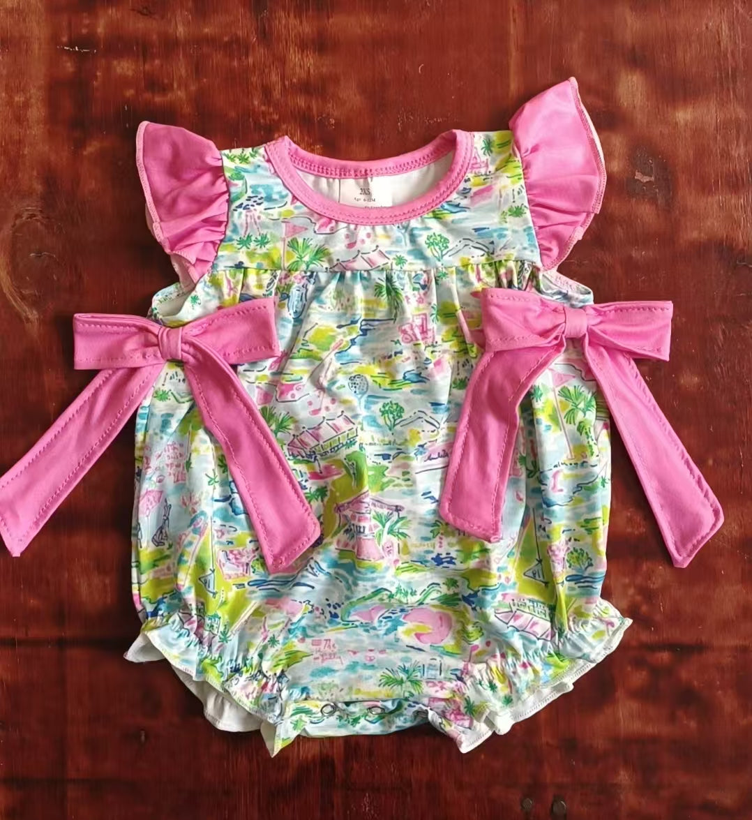 Preorder moq 5 Baby Girls Pink Flutter Sleeves Watercolor Beach Bows Ruffle Rompers