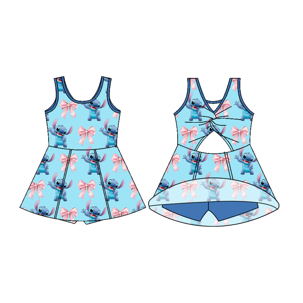 Preorder (moq 5)Baby Girls Blue Sleeveless Cartoon Bunny Bows Shorts Team Knee Length Dress