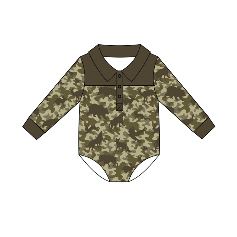 Preorder (moq 5)Baby Boys Long Sleeve Ducks Animals Camo Button Hunting Rompers