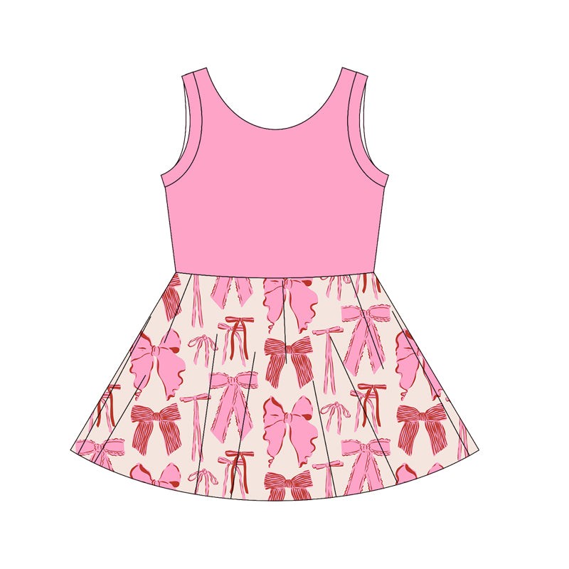 Preorder moq 10 Baby Girls Pink Sleeveless Top Bows Plaid Patchwork Knee Length Dresses