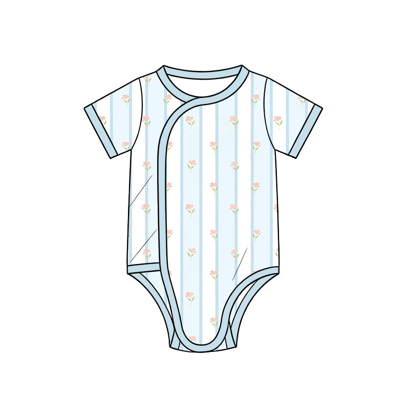 Preorder (moq 5) Baby Girl Clothes Blue Stripe Tiny Flower Mixed Print Short Sleeve Side Snap Baby Bodysuit