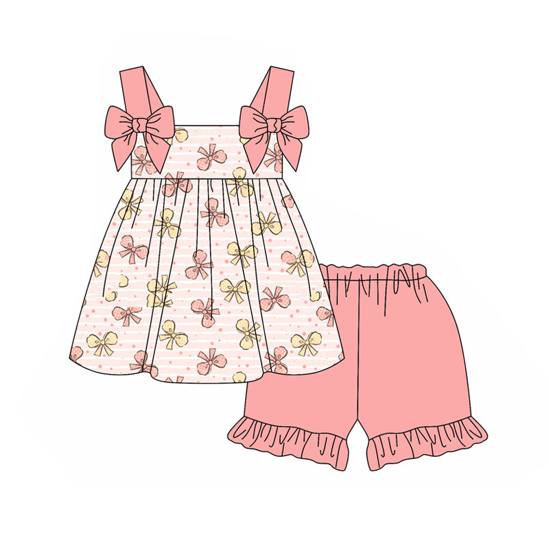 Preorder (moq 5)Baby Girls Pink Yellow Bows Tunic Top Ruffle Shorts Clothes Sets