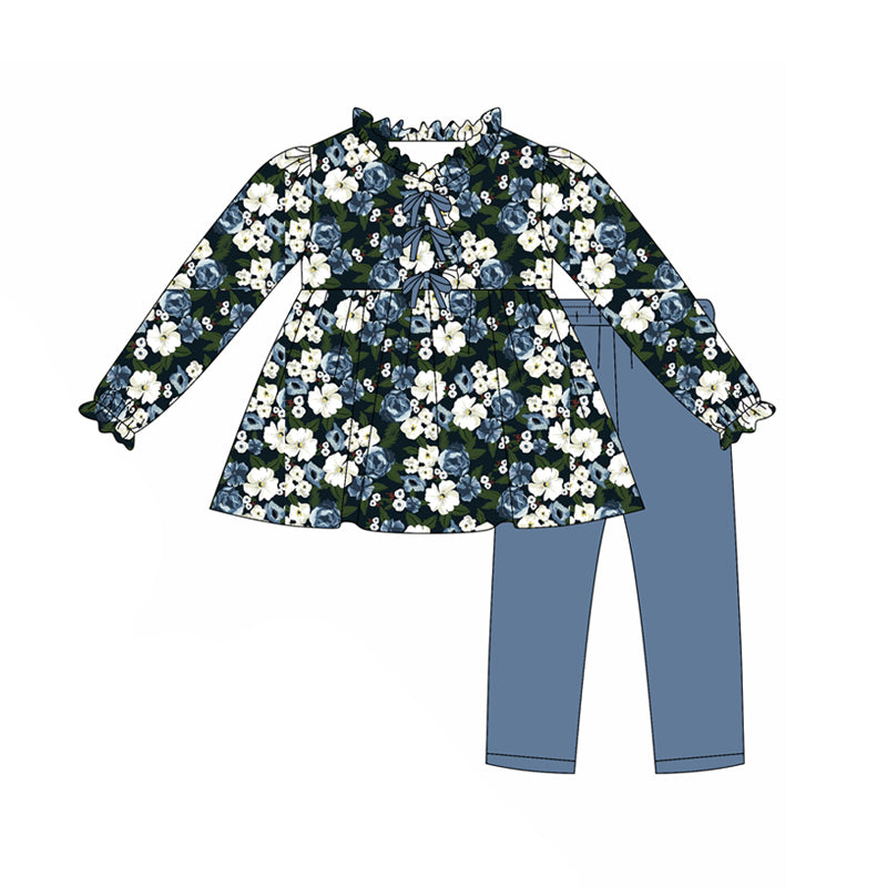 Preorder(moq 5) Baby Girls Hot Blue Long Ruffle Sleeves Floral Tunic Legging Pants Set