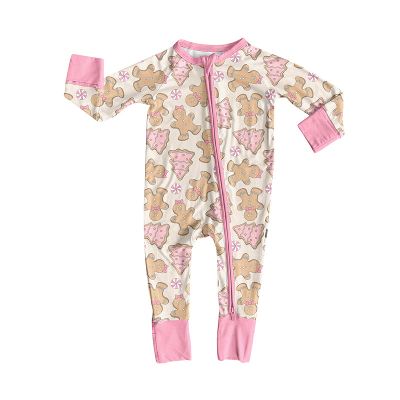 Preorder (moq 5)Baby Girls Long Sleeves Pink Bows Gingerbread Trees Zipper Pant Romper