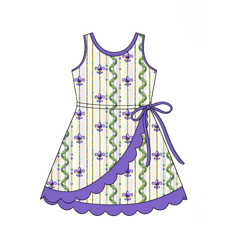 Preorder (moq 5) Girls’ Purple Sleeveless Round-Neck Ruffle Dress | Festive Kids’ Party Dress Set