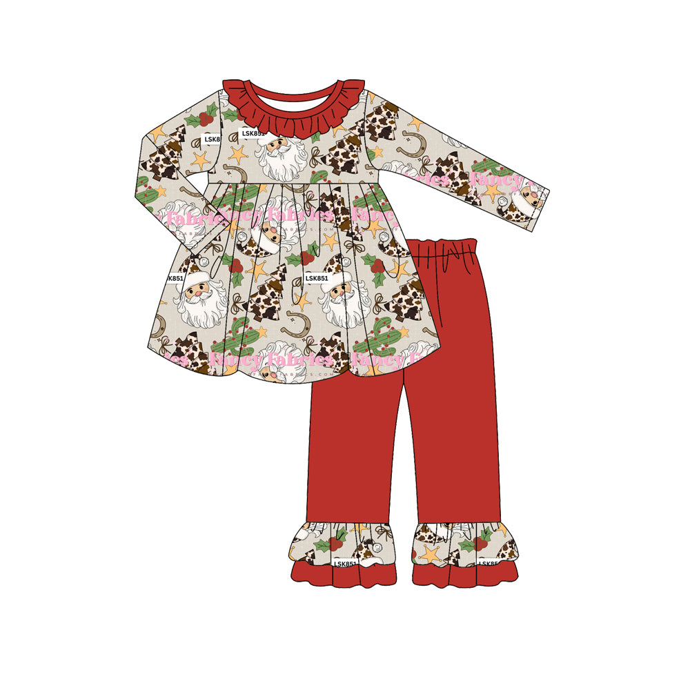 Preorder (moq 5)Baby Girls Long Sleeves Santa Leopard Trees Tunic Red Ruffle Pant Sets