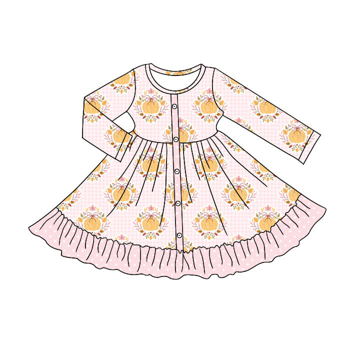 Preorder (moq 5)Baby Girls Flowers Pumpkins Fall Button Ruffle Knee Length Dresses