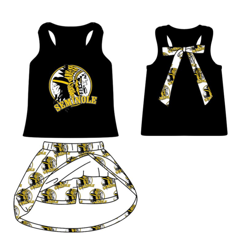 Split Preorder July 21th Baby Girls Team Black Sleeveless Seminole Vest Top Plaid Skorts Set