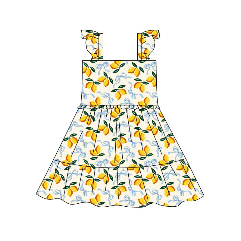 Preorder(moq 5) Baby Girls Bows Lemons Plaid Patchwork Knee Length Dresses