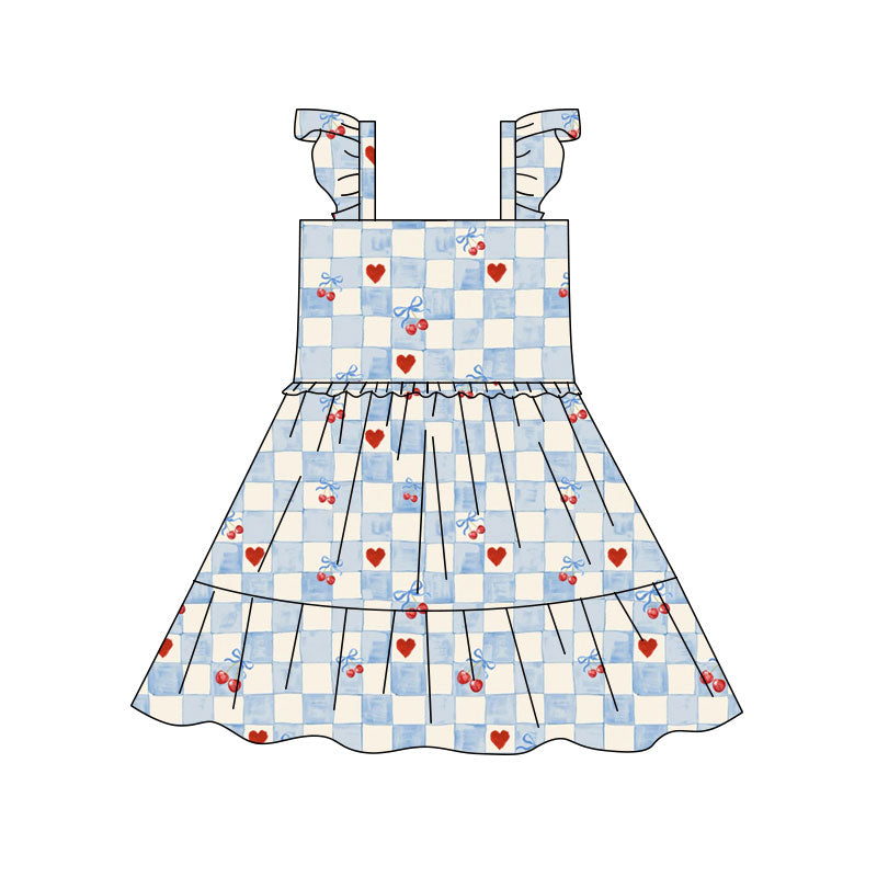 Preorder(moq 5) Baby Girls Blue Checked Hearts Cherry Patchwork Knee Length Dresses