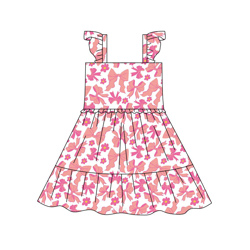 Preorder(moq 5) Baby Girls Pink Flowers Bows Patchwork Knee Length Dresses
