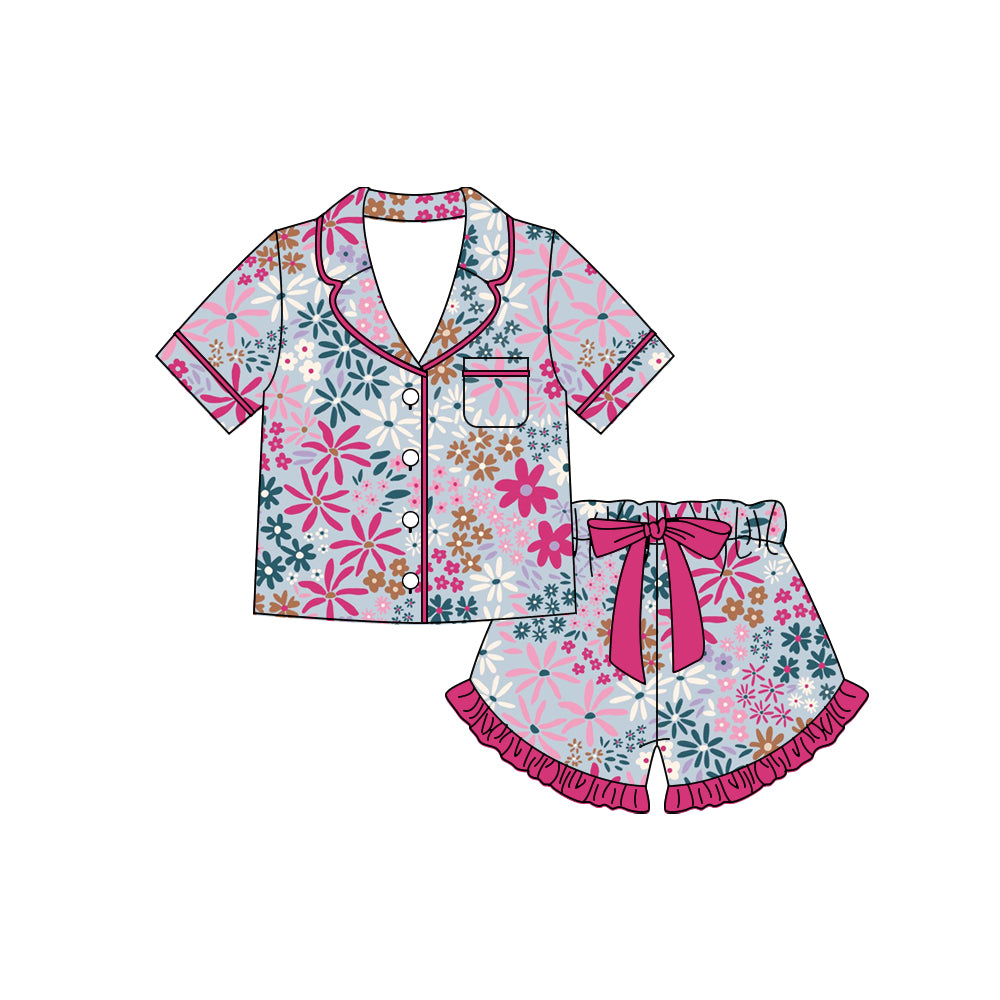 Preorder moq 5 Baby Girls Colorful Flowers Button Pocket Top Ruffle Shorts Pajamas Sets