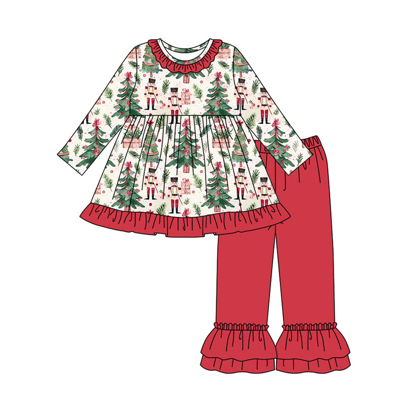 Preorder (moq 5)Baby Girls Christmas Trees Soldiers Plaid Tunic Ruffle Pant Set