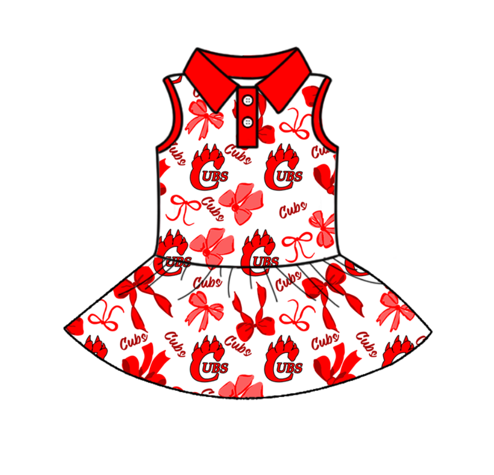 Split Preorder July 21th Baby Girls Team Sleeveless Bows Plaid Cubs Button Knee Length Dresses
