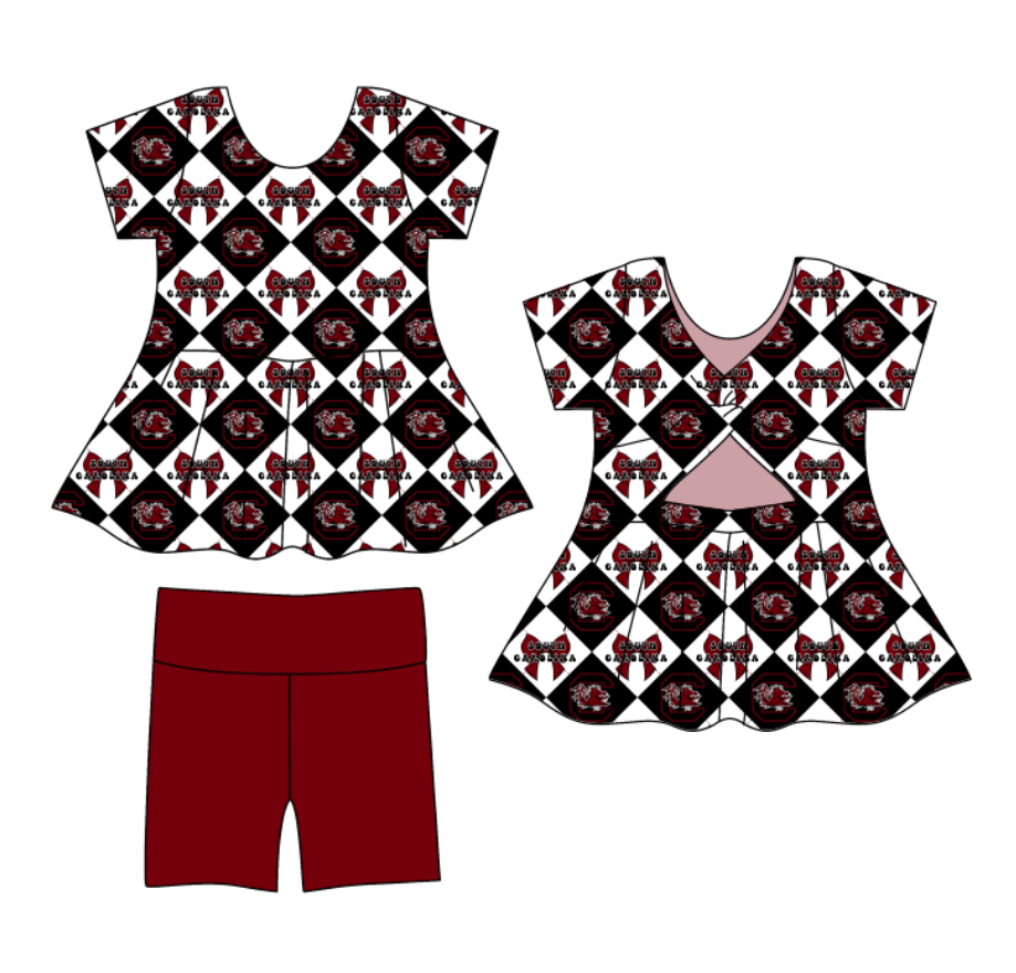 Preorder moq 5 Baby Girls Short Sleeve C Bulls Bows Checked Tunic Shorts Team Clothes Set