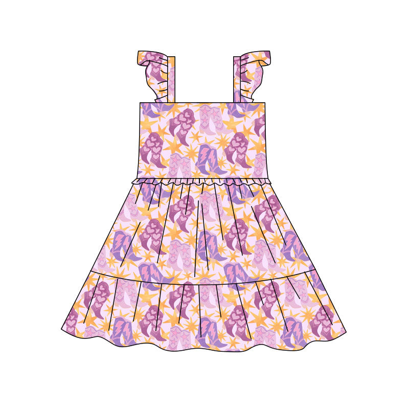 Preorder(moq 5) Baby Girls Lavender Floral Boots Patchwork Western Knee Length Dresses