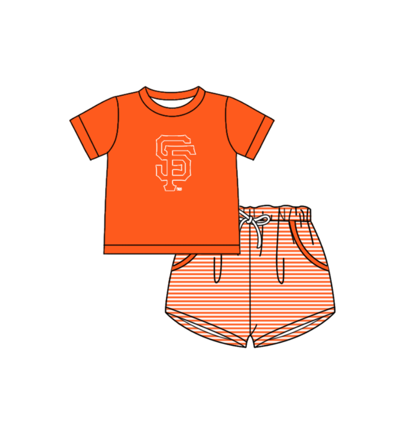 Preorder (moq 5)Baby Boys Orange SF Top Pockets Stripe Short Team Clothes Set