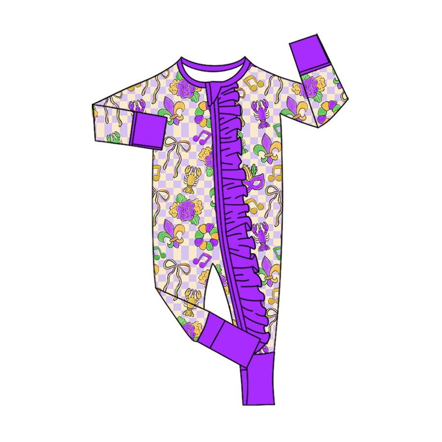 Preorder (moq 5) Baby Girls Mardigras Masks Two Way Ruffle Zip Convertible Rompers