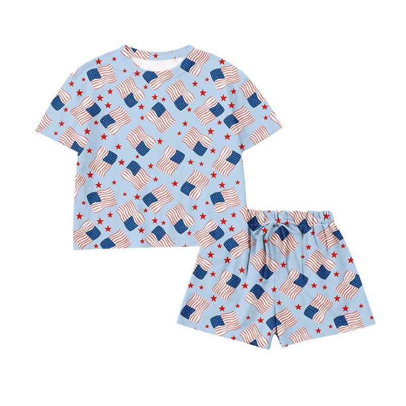 Preorder moq 5 Baby Girls Flags Stars Top Short 4th of July Clothes Set
