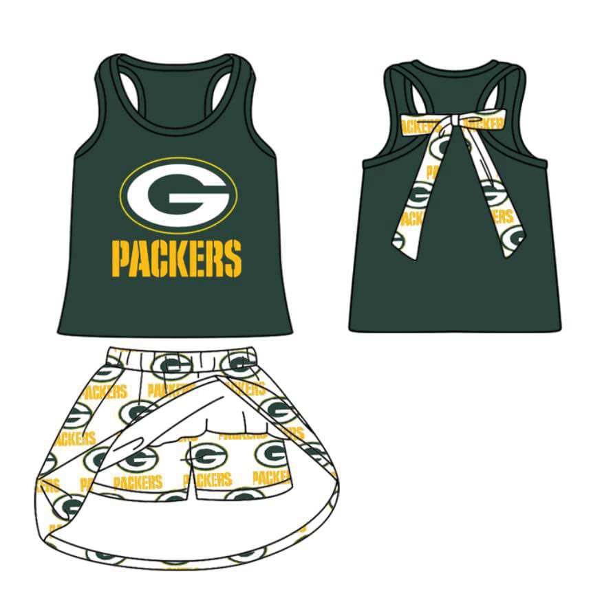 Split Preorder July 20th Baby Girls Green Sleeveless Packers G Vest Top Plaid Skorts Team Set